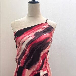 Halston Heritage One-Shoulder Abstract Pink & Black Print Dress